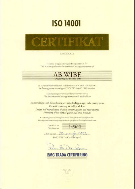 WIBE экологический сертификат ISO 14001-1996